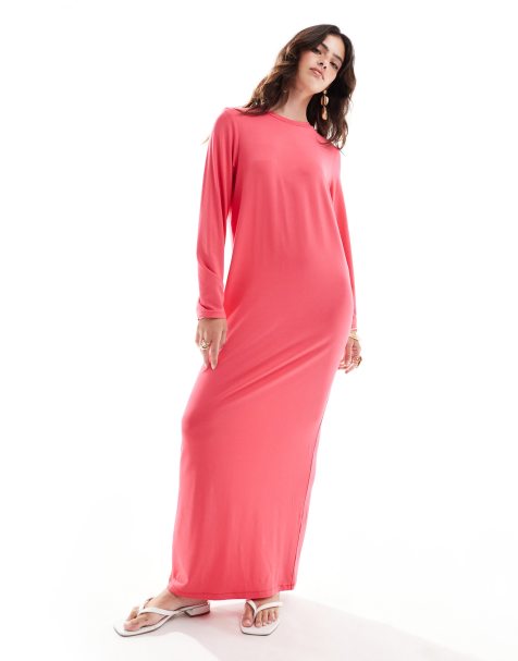 ASOS DESIGN - Maxi T-shirtjurk met lange mouwen in roze - view 1