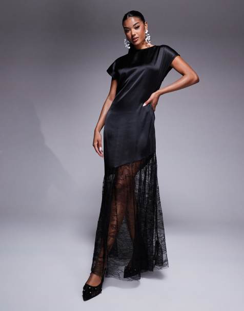 ASOS DESIGN - Maxi T-shirtjurk van mix van satijn en kant in zwart - view 1
