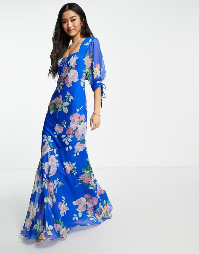 ASOS DESIGN Maxi tea dress with bias cut panels and tie details in blue floral print