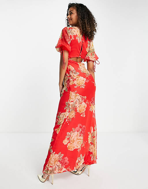 Dresses Maxi tea dress with bias cut panels and tie details in red floral 