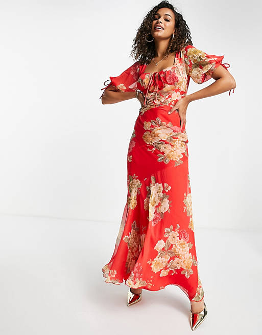 Dresses Maxi tea dress with bias cut panels and tie details in red floral 