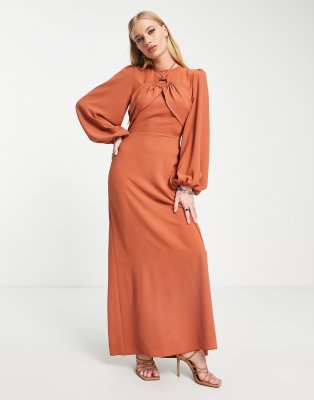 ASOS DESIGN maxi tea dress with ring detail and balloon sleeves in rust - ASOS Price Checker