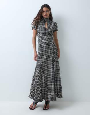 ASOS DESIGN maxi tea dress with ruffle hem in brown check