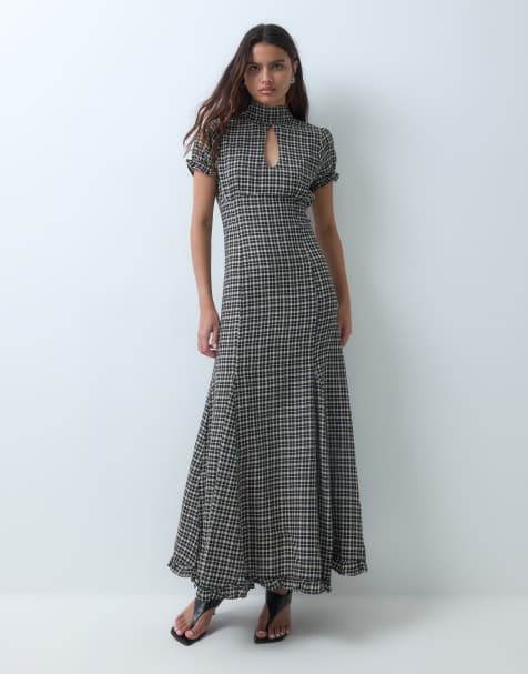 ASOS DESIGN maxi tea dress with ruffle hem in brown check
