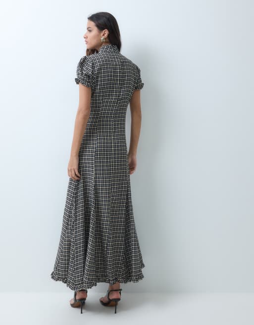 ASOS DESIGN maxi tea dress with ruffle hem in brown check, 2 of 5