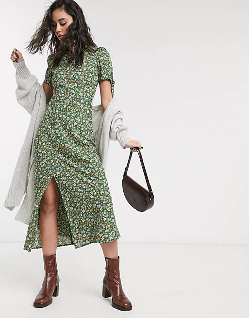 ASOS DESIGN maxi tea dress with tie sleeves in ditsy floral print