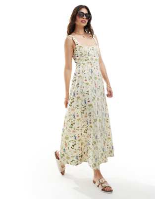 ASOS Design - Maxi-Tennis-Sommerkleid in Creme mit Pflanzen- und Blumen-Print und Naht-Details-Bunt