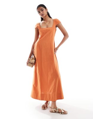 ASOS DESIGN - Maxi-Tenniskleid in dunklem Mango-Orange mit Ziernaht und Kappenärmeln