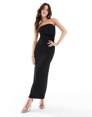 Asos Design Maxi Textured Fold Over Detail Bandeau Dress In Black