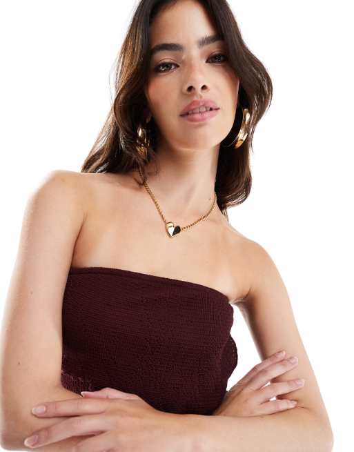 ASOS DESIGN maxi textured fold over detail bandeau dress in burgundy