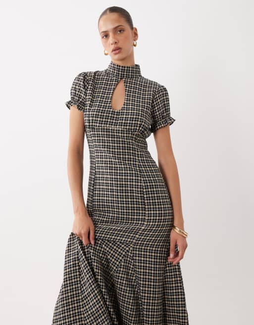 ASOS DESIGN maxi theejurk met ruchezoom in bruine ruit, 2 van 4