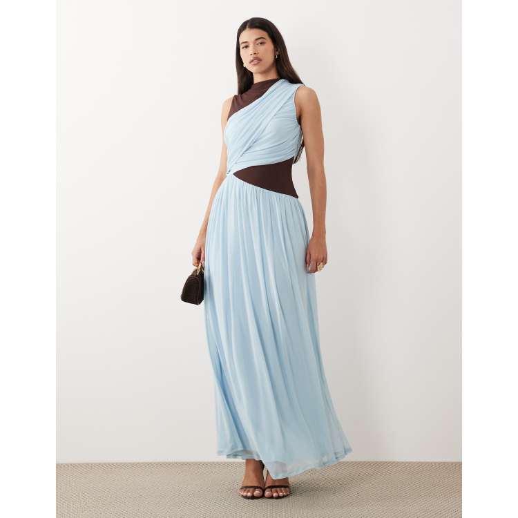 ASOS DESIGN maxi tiered mesh color block slash neck dress in sky blue | ASOS