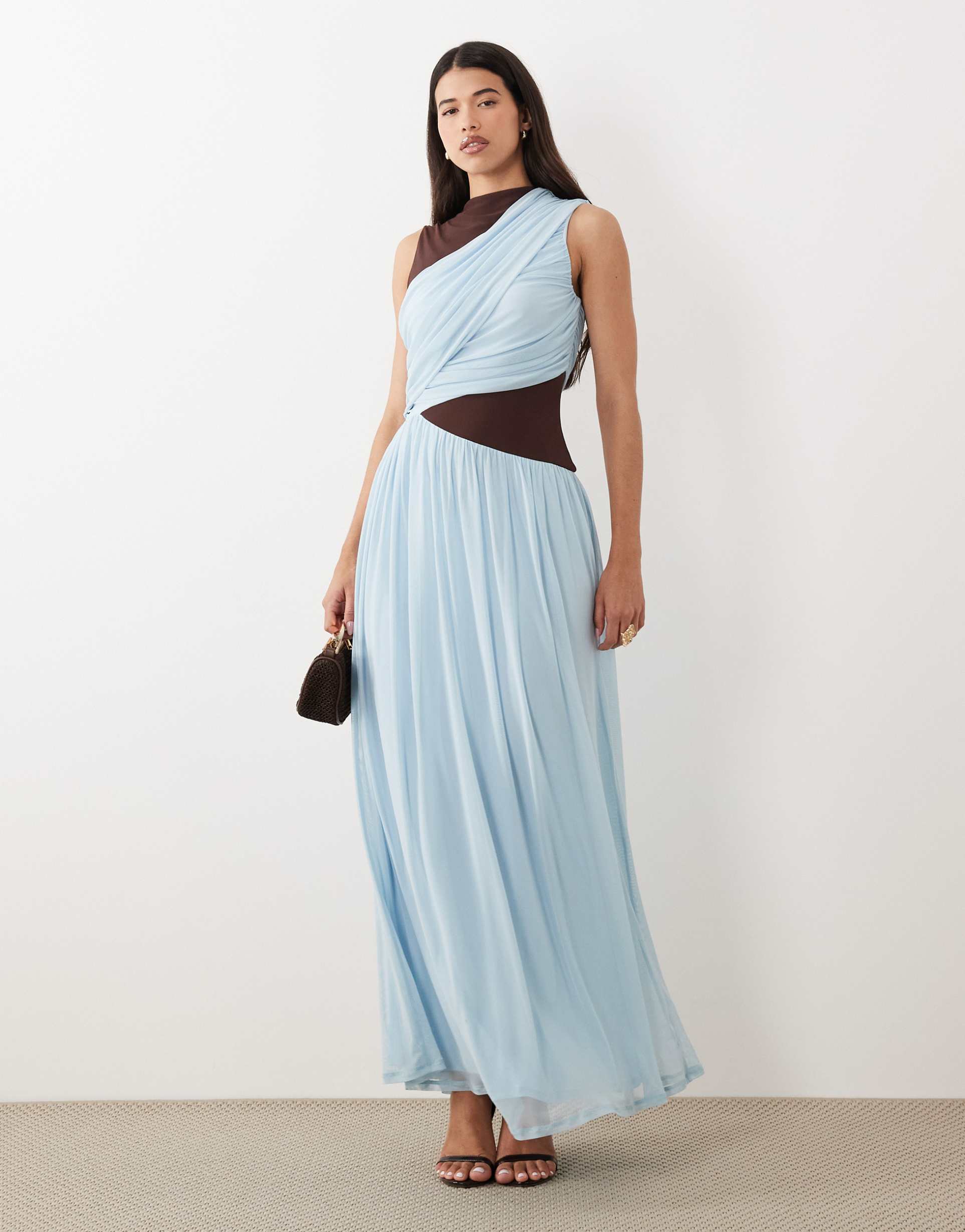 asos design maxi tiered mesh color block slash neck dress in sky blue