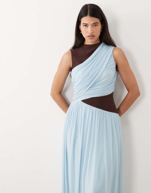 ASOS DESIGN maxi tiered mesh colour block slash neck dress in sky blue, 2 of 4
