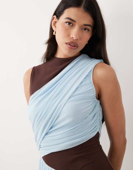 ASOS DESIGN maxi tiered mesh colour block slash neck dress in sky blue, 3 of 4