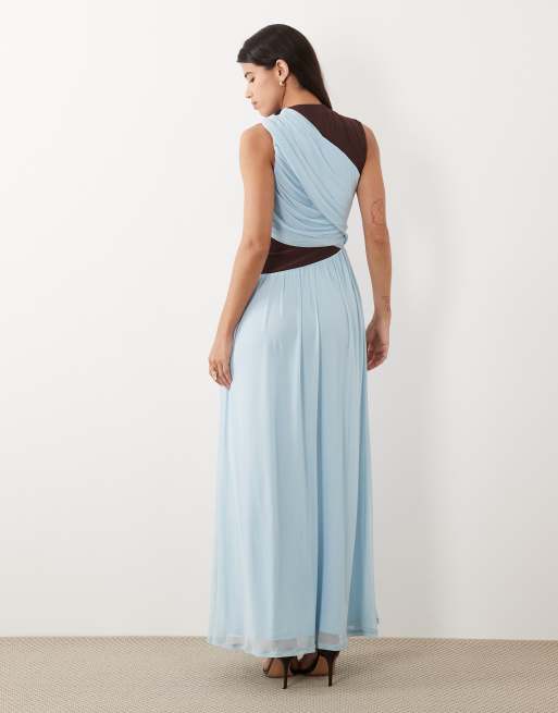 ASOS DESIGN maxi tiered mesh colour block slash neck dress in sky blue, 4 of 4