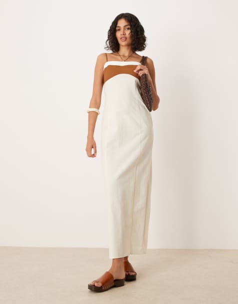 ASOS DESIGN – Maxi-Trägerkleid aus Baumwoll-Leinen in Neutral mit Blockfarben-Details - view 1