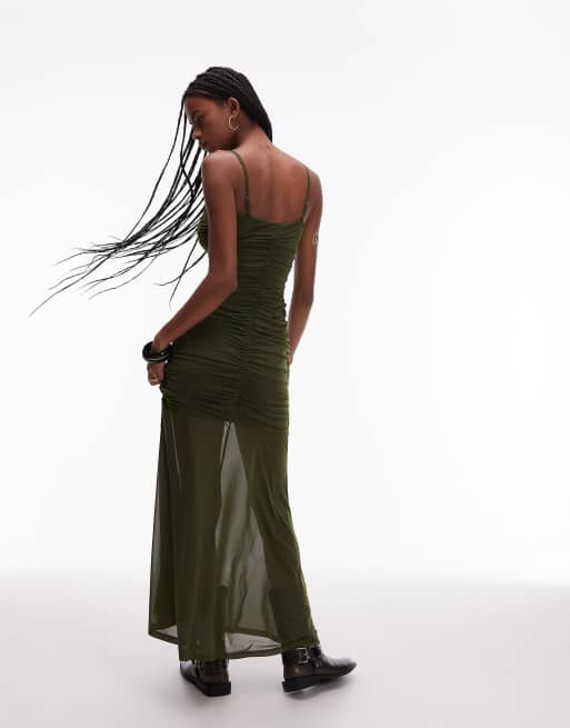ASOS DESIGN – Maxi-Trägerkleid aus Netzstoff in Khaki mit Raffung, 4 von 4