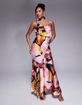 ASOS DESIGN - Maxi-Trägerkleid aus Satin mit Bindeband am Rücken, Print und Wasserfallausschnitt vorne-Bunt