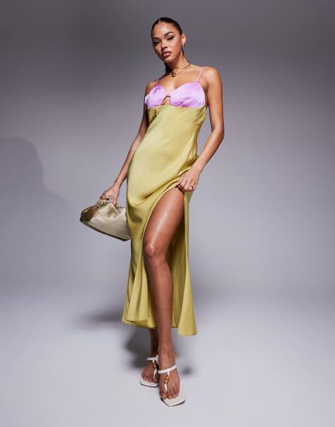 ASOS DESIGn – Maxi-Trägerkleid aus Satin mit Farbblockdesign am Oberteil in Rosa und Limettengelb - view 1
