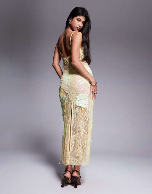 ASOS DESIGN – Maxi-Trägerkleid aus transparenter Spitze in Gelb mit Verzierungen, 3 von 4