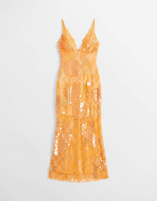 ASOS DESIGN – Maxi-Trägerkleid aus transparenter Spitze in Orange mit Verzierungen, 5 von 8