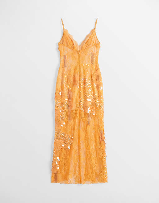 ASOS DESIGN – Maxi-Trägerkleid aus transparenter Spitze in Orange mit Verzierungen, 6 von 8