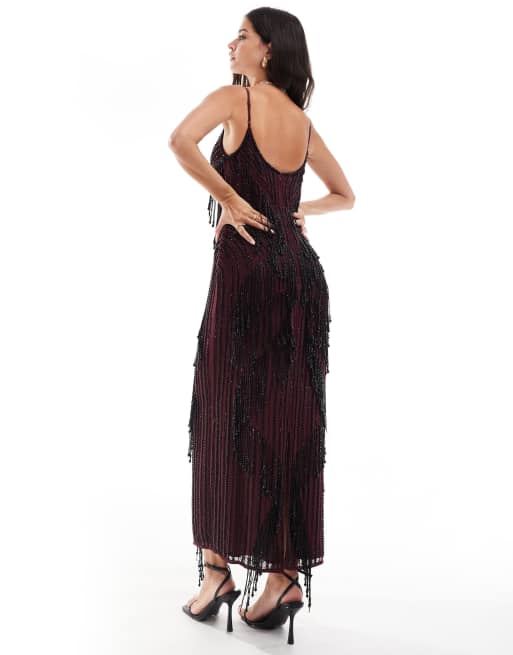 ASOS DESIGN – Maxi-Trägerkleid in Burgunderrot mit Perlenverzierung, 4 von 4