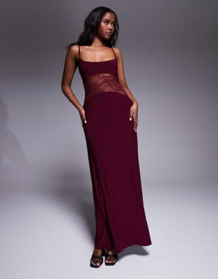 ASOS DESIGN - Maxi-Trägerkleid in Burgunderrot mit Spitzeneinsatz