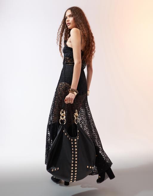 ASOS DESIGN – Maxi-Trägerkleid in Schwarz mit Gürtel, Rüschen und Spitzenbesatz, 4 von 4
