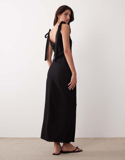 ASOS DESIGN – Maxi-Trägerkleid in Schwarz mit Spitzenborte und Bindedetail, 4 von 4