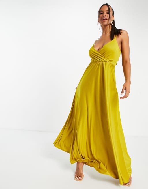 ASOS DESIGN – Maxi-Trägerkleid in Senfgelb mit tiefem Ausschnitt und Rückenschnürung