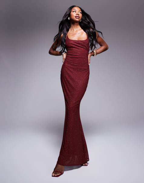 ASOS DESIGN – Maxi-Trägerkleid in Weinrot mit eckigem Ausschnitt, Rückenschnürung und Strassbesatz - view 1
