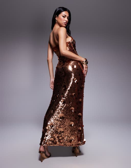 ASOS DESIGN – Maxi-Trägerkleid mit Paillettenbesatz in Bronze, 3D-Verzierung und Spitzenborte, 2 von 4