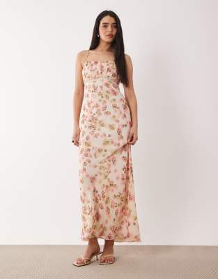 ASOS DESIGN - Maxi-Trägerkleid mit Spitzenbesatz und rosa Blumenmuster-Bunt