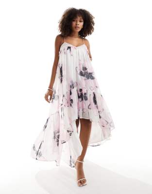 Thumbnail - ASOS DESIGN - Maxi-Trapezkleid aus Chiffon mit Blumenmuster und unverarbeitetem Saum-Bunt