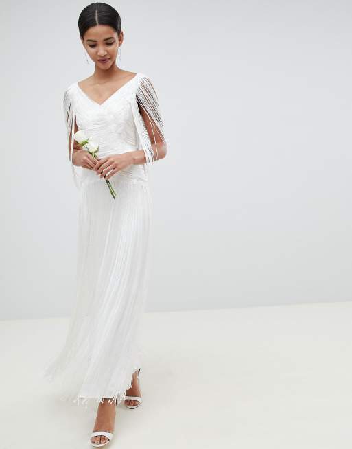 ASOS DESIGN- Maxi trouwjurk met franje in wit