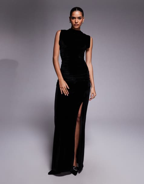 ASOS DESIGN maxi velvet ruched side dress with thigh split in black - view 1