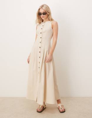 ASOS DESIGN - Maxi-Westenkleid in Hellbeige mit Knopfleiste und U-Boot-Ausschnitt-Neutral