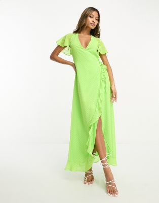 ASOS DESIGN - Maxi-Wickelkleid aus Dobby-Stoff mit Volant in Limettengrün