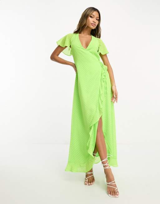 ASOS DESIGN Maxi Wickelkleid aus Dobby Stoff mit Volant in Limettengrun