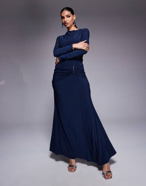 ASOS DESIGN - Maxi wikkeljurk met lange mouwen en gedrapeerde rok in marineblauw - view 1
