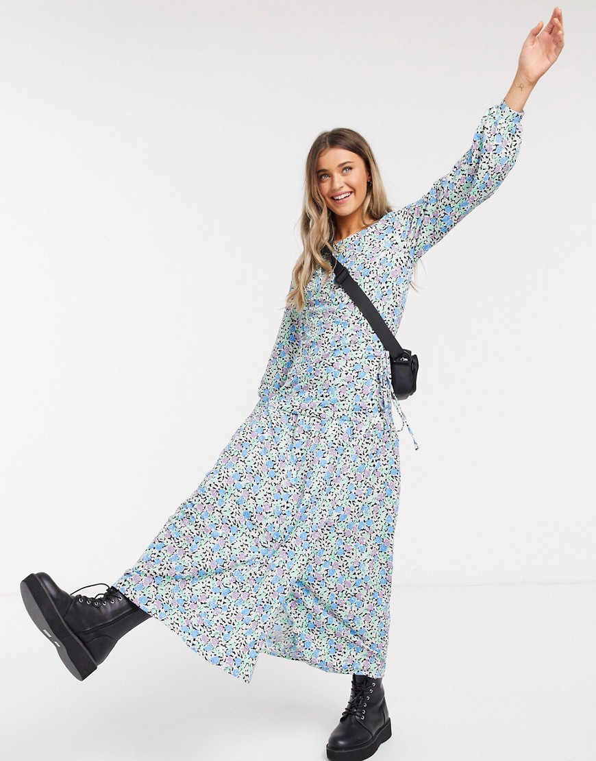 Asos Design Maxi Wrap Smock Dress With Long Sleeves In Floral Print-blues