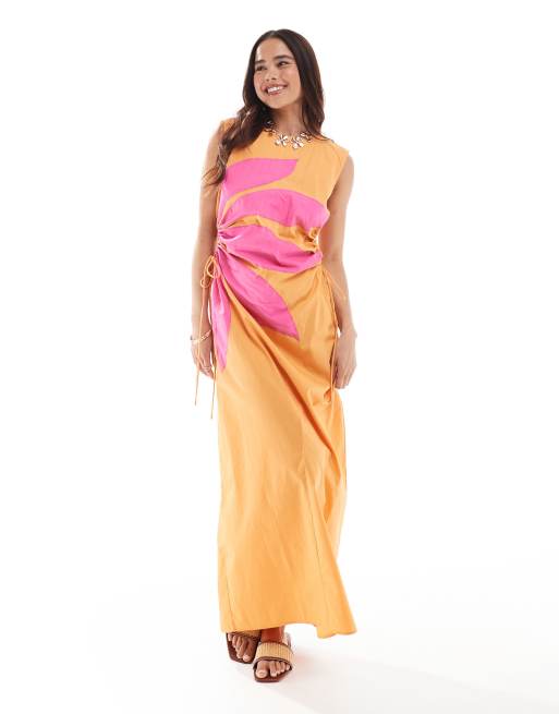 ASOS DESIGN - Maxi zonnejurk met bloemenapplicatie en uitsnijdingen in oranje