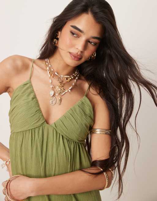 ASOS DESIGN - Maxi zonnejurk van kreukelstof met camibandjes in olijfgroen, 2 van 4