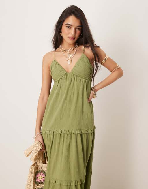 ASOS DESIGN - Maxi zonnejurk van kreukelstof met camibandjes in olijfgroen, 3 van 4