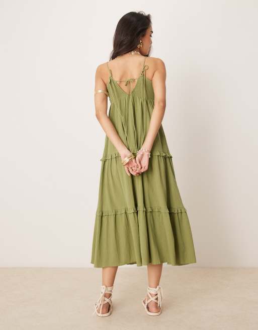 ASOS DESIGN - Maxi zonnejurk van kreukelstof met camibandjes in olijfgroen, 4 van 4