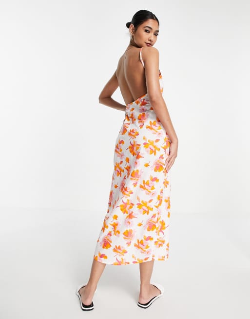 ASOS DESIGN - Maxi zonnejurk van linnen met vierkante hals en bloemenprint in wit