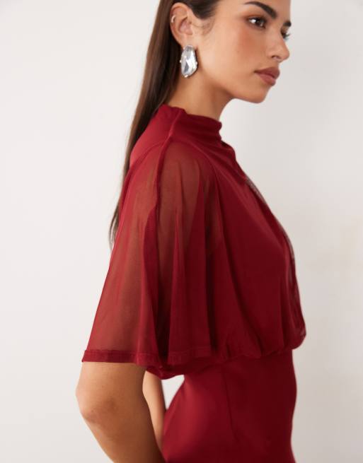 ASOS DESIGN maxijurk met één mouw en gedrapeerd lijfje in wijnrood, 3 van 4