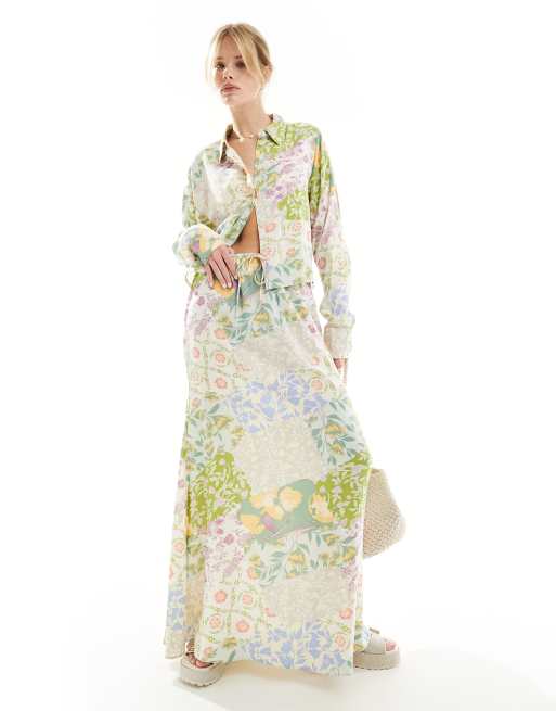 ASOS DESIGN – Maxikjol i blandat blommönster med knytning i midjan, del av set